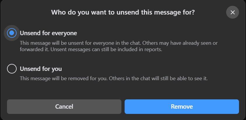 ALT:Facebook Messenger - message delete confirmation showing "Do you want to delete this message for everyone or just yourself?"