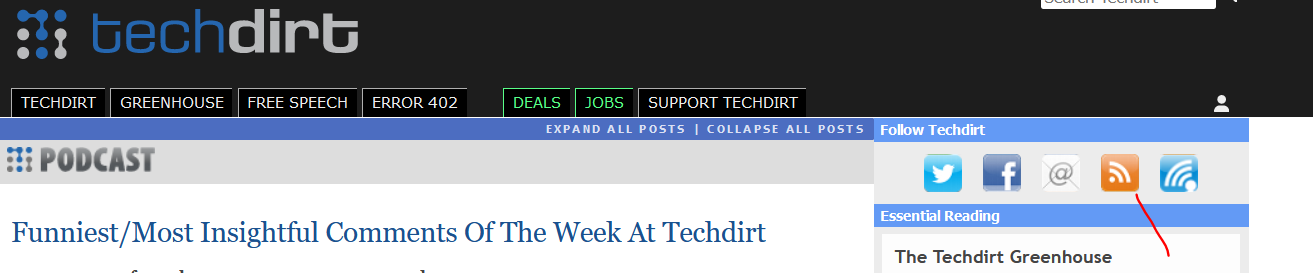 Snip from the techdirt website showing they have a nice SUBSCRIBE TO MAH RSS FEED RIGHT HERE button